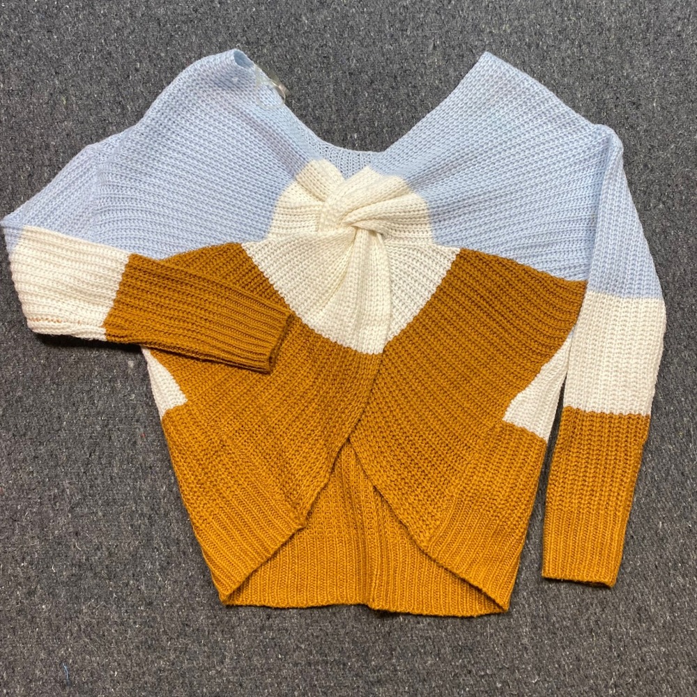 Full Circle Trends Twist Front Sweater Sz S Womens Blue‎ Yellow Boho Colorblock